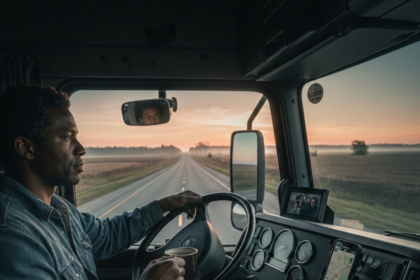 Motorista profissional dirigindo caminhão em rodovia