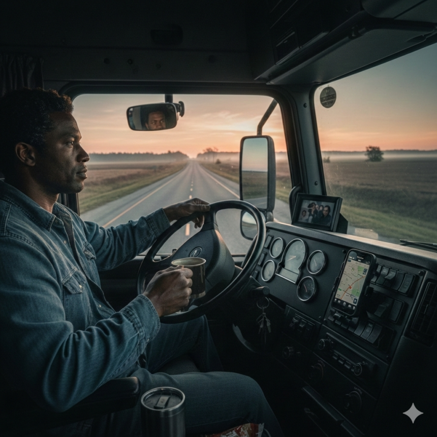 Motorista profissional dirigindo caminhão em rodovia