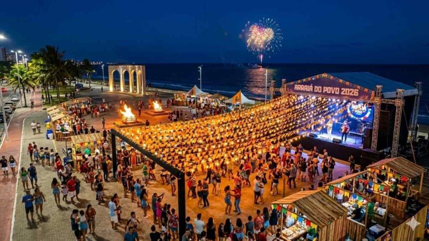 Vista aérea noturna da Vila do Forró no Arraiá do Povo 2026, com a Arena de Shows lotada sob o céu nublado de Aracaju.