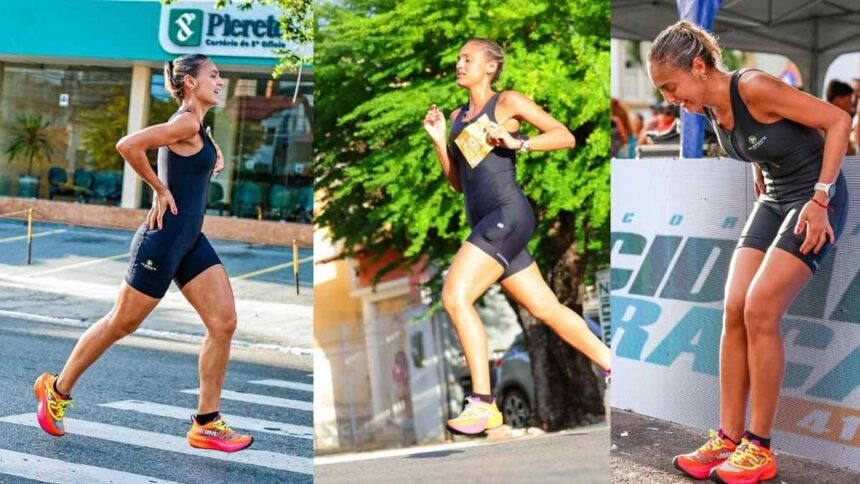 Atleta Maria Carla após concluir corrida em Aracaju mesmo com dores após queda na largada.