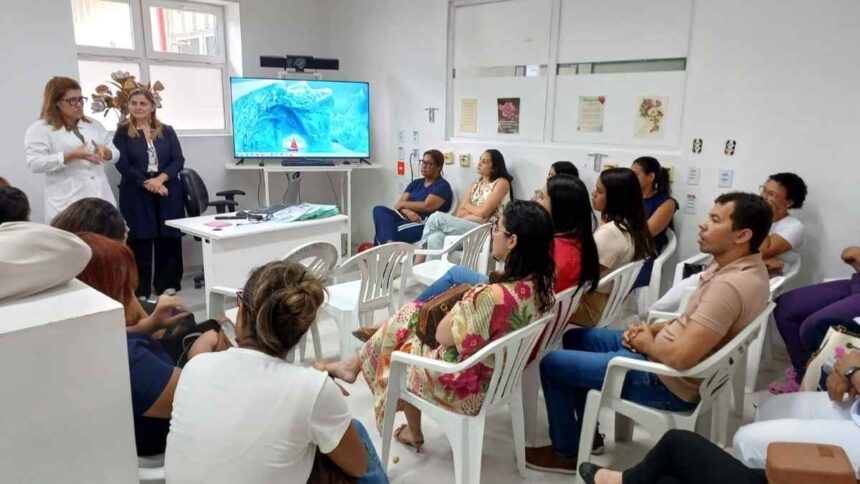 Novos enfermeiros e técnicos de enfermagem em reunião de acolhimento na Maternidade Nossa Senhora de Lourdes.