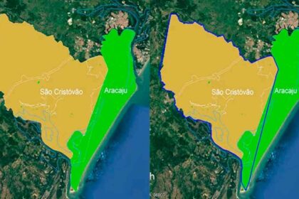 Mapa detalhado mostrando a linha divisória entre Aracaju e São Cristóvão na região da Zona de Expansão.