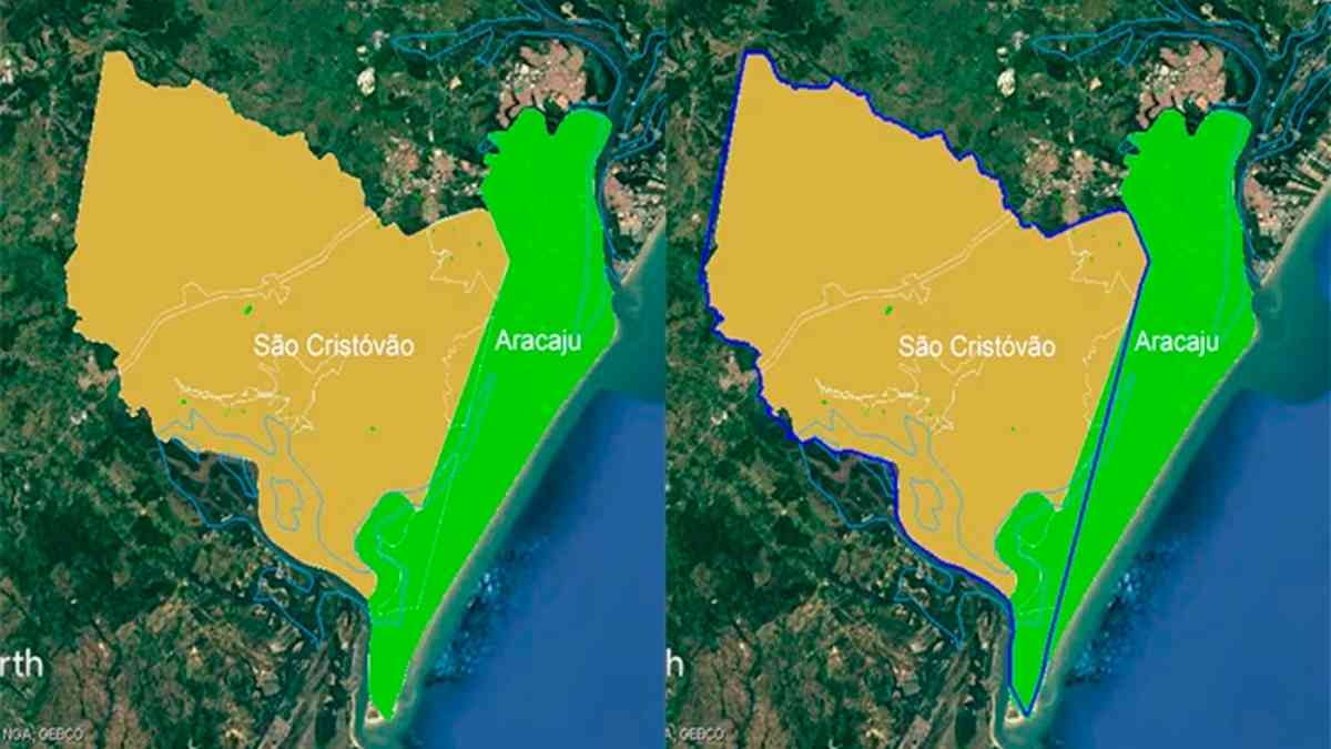 Mapa detalhado mostrando a linha divisória entre Aracaju e São Cristóvão na região da Zona de Expansão.