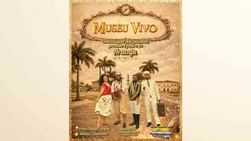 Atores caracterizados como personagens históricos em frente à Ponte do Imperador em Aracaju.