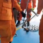 Bombeiros de Sergipe realizando o resgate de uma jiboia de dentro de um carro em Lagarto.