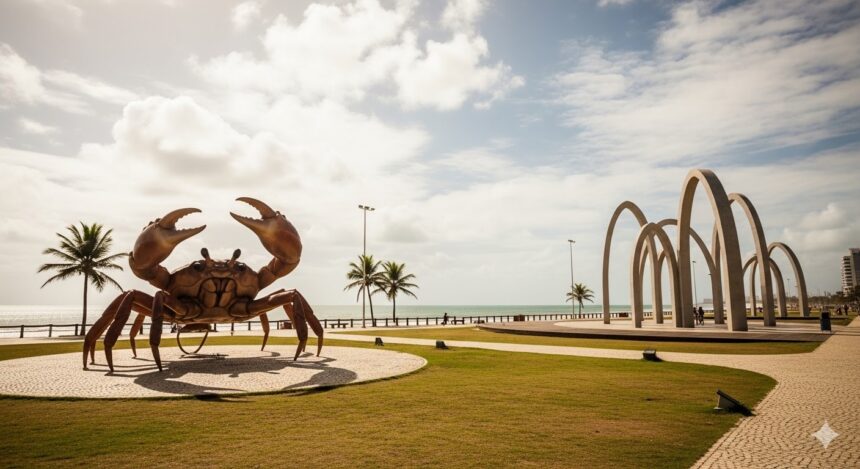 Foto da Orla de Atalaia em Aracaju com céu nublado e mormaço.