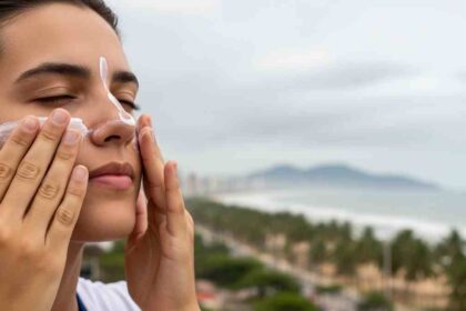 Pessoa aplicando protetor solar no rosto sob céu nublado e luz difusa de mormaço em Aracaju.