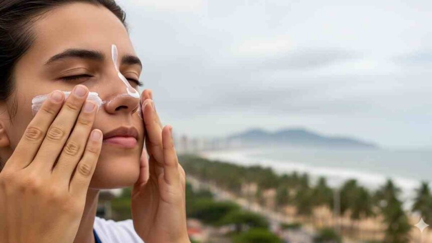 Pessoa aplicando protetor solar no rosto sob céu nublado e luz difusa de mormaço em Aracaju.