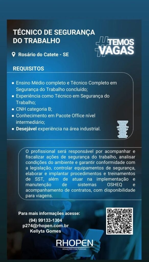 Card de vaga de emprego para Técnico de Segurança do Trabalho em Sergipe.