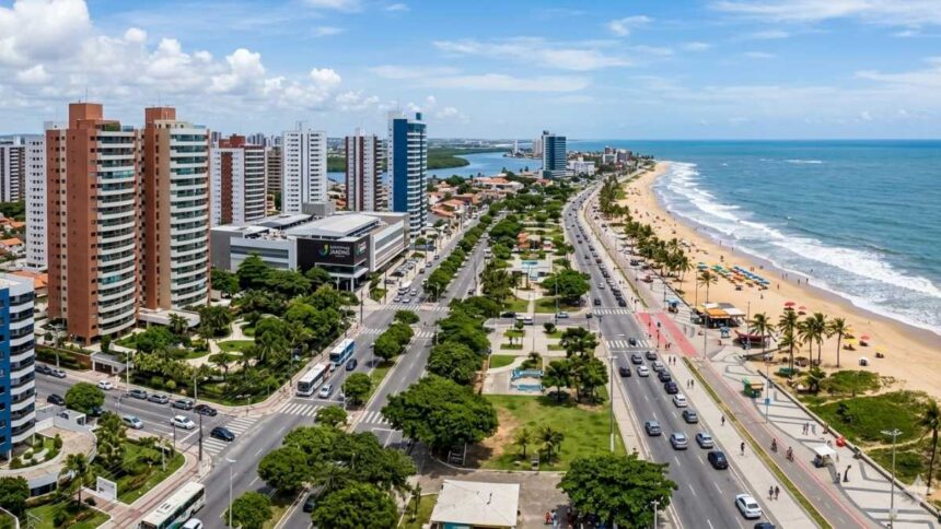 Vista aérea da Orla de Atalaia e prédios no bairro Jardins em Aracaju.