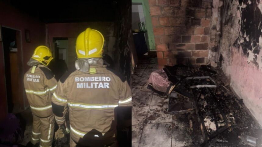 Equipe do Corpo de Bombeiros atuando no combate a incêndio residencial em São Francisco, Sergipe.