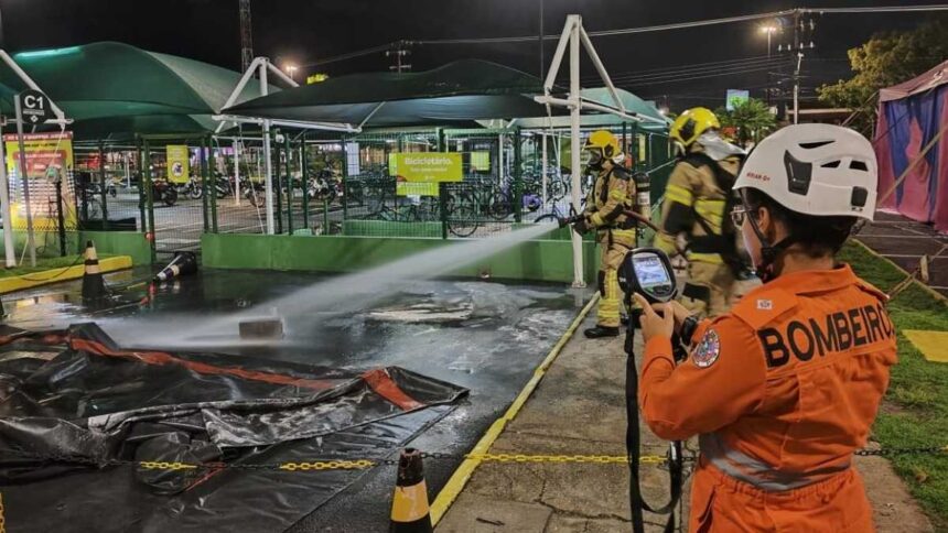Equipes do Corpo de Bombeiros de Sergipe monitorando bateria de moto elétrica com câmera térmica no Shopping Jardins.