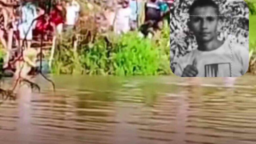 Montagem de foto de arquivo pessoal do jovem de 18 anos sobre a imagem do tanque onde ocorreu o afogamento em Pinhão, Sergipe.