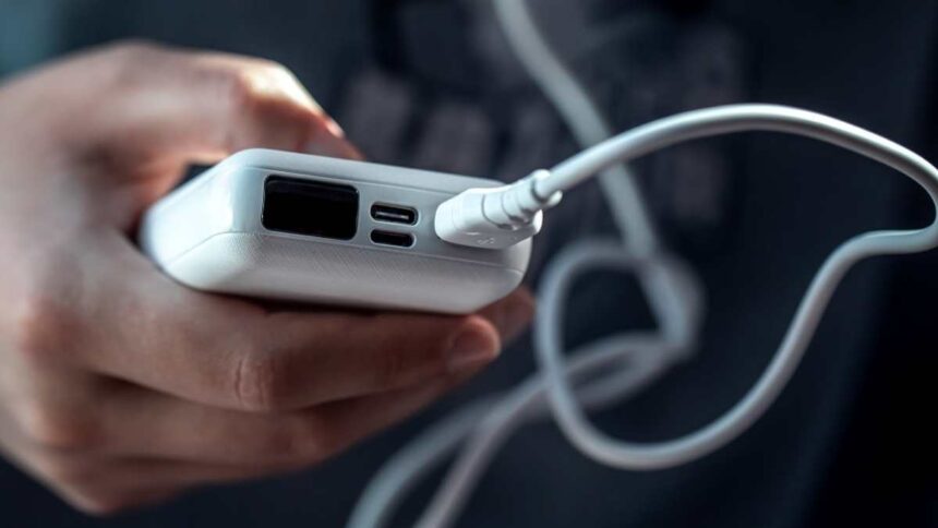 Passageiro segurando um power bank próximo a uma mala de mão em aeroporto.