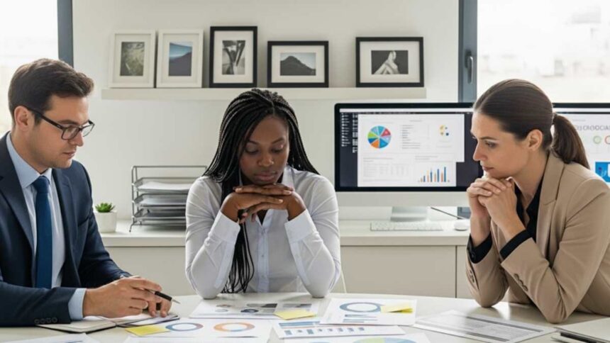 Profissional de RH e técnico de segurança do trabalho discutindo novos protocolos da NR-1.
