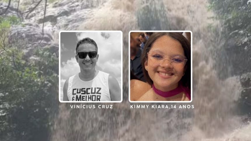 Montagem com a foto das vitimas e no fundo a cachoeira