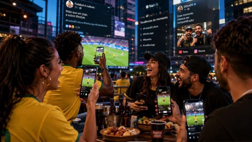 pessoas sentadas assistindo a um jogo de futebol na televisão inteligente enquanto segura um smartphone que exibe comentários em redes sociais.