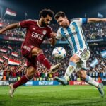 Fotografia digital realista de uma partida de futebol entre Egito e Argentina em um estádio lotado à noite. À esquerda, um jogador egípcio com uniforme vermelho e a inscrição "EGITO" disputa a bola no ar com um jogador argentino à direita, que veste o uniforme clássico listrado em azul-celeste e branco com a inscrição "ARGENTINA". Ao fundo, as arquibancadas estão repletas de torcedores agitando bandeiras de ambos os países sob a luz dos refletores do estádio. Painéis eletrônicos na lateral do campo exibem o texto "EGYPT vs ARGENTINA".