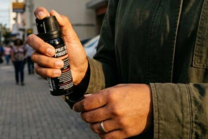 Mão feminina segurando um frasco de spray de pimenta para defesa pessoal.