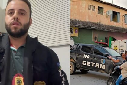 Montagem que mostra o delegado e uma imagem do lado mostrando a rua do acontecimento