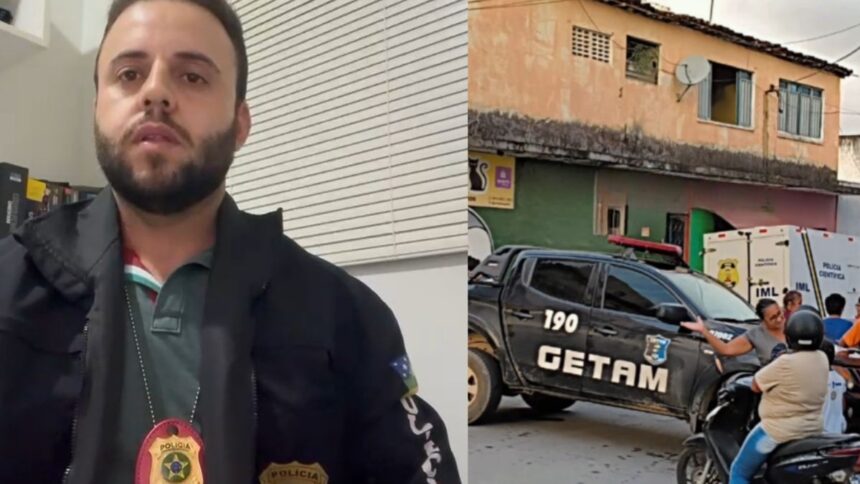 Montagem que mostra o delegado e uma imagem do lado mostrando a rua do acontecimento