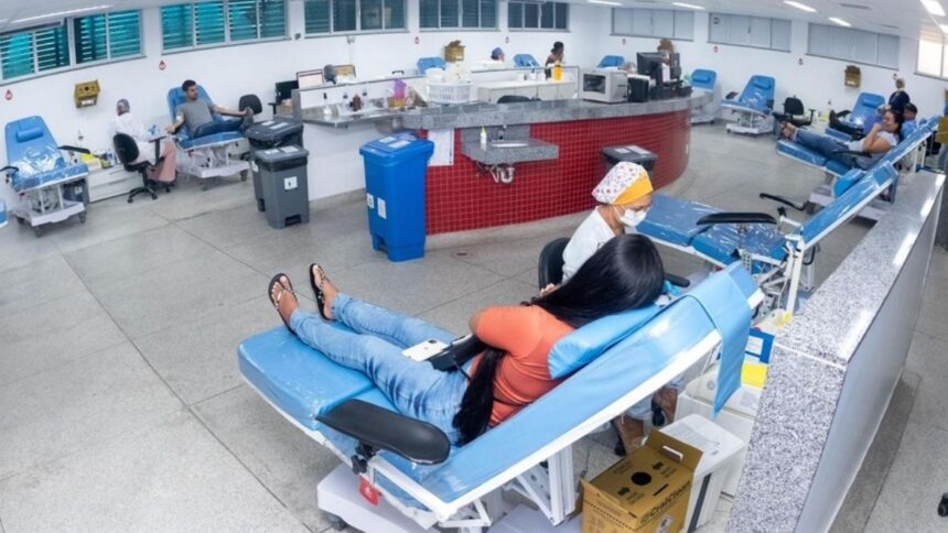 Profissional de saúde realizando coleta de sangue em voluntário no Hemose.