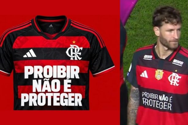 Jogadores do Flamengo em campo com a frase de protesto estampada no uniforme.