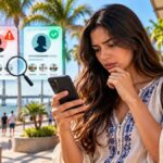 Mão segurando smartphone exibindo mensagem de perfil falso em aplicativo.