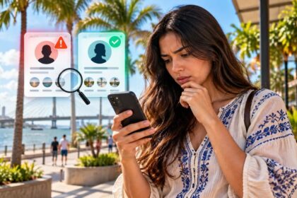 Mão segurando smartphone exibindo mensagem de perfil falso em aplicativo.