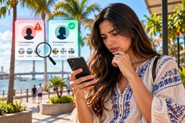 Mão segurando smartphone exibindo mensagem de perfil falso em aplicativo.
