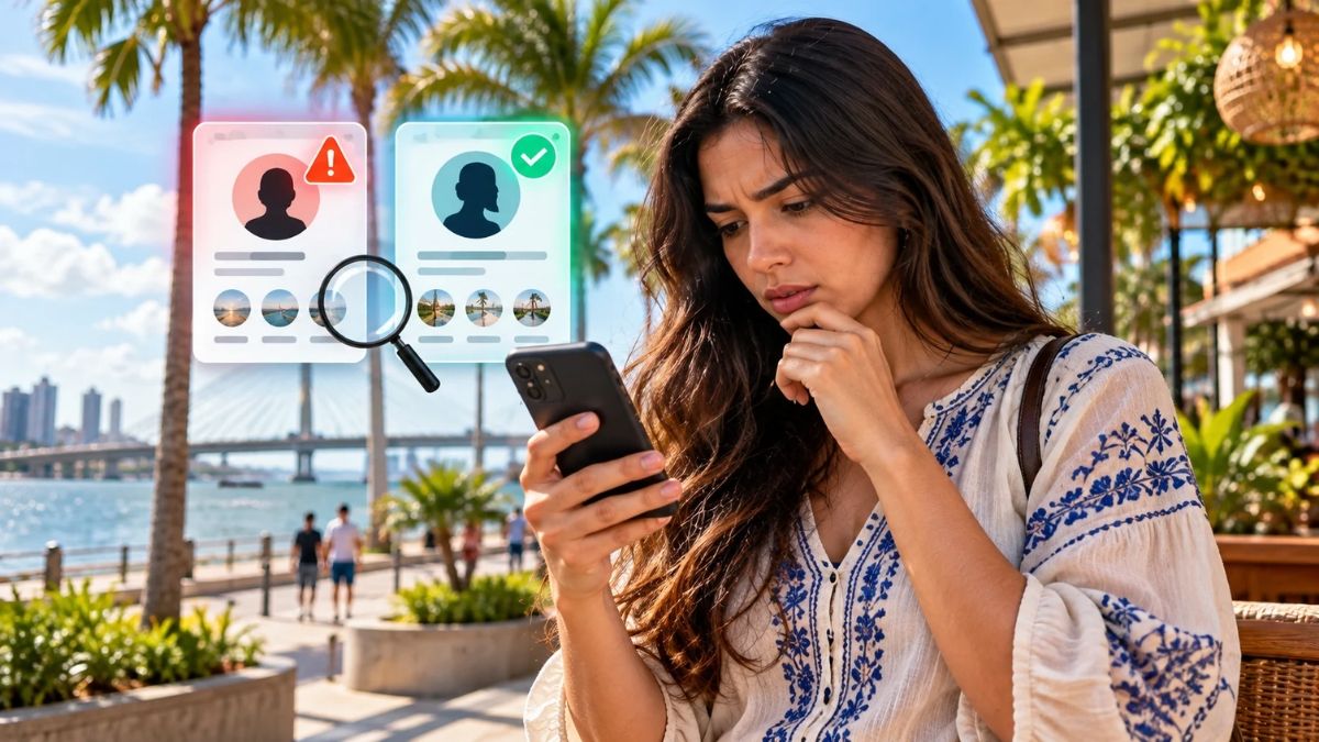 Mão segurando smartphone exibindo mensagem de perfil falso em aplicativo.