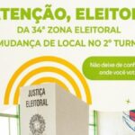 Eleitores consultando local de votação na entrada de uma escola da Justiça Eleitoral.